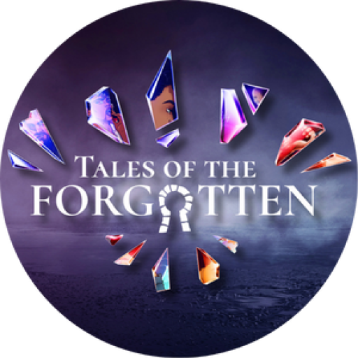Tales of the Forgotten Fiction Network Logo. A circular logo with shards of colored glass surrounding the words, depicting characters from the Tales Network. In the center are the words: Tales of the Forgotten.